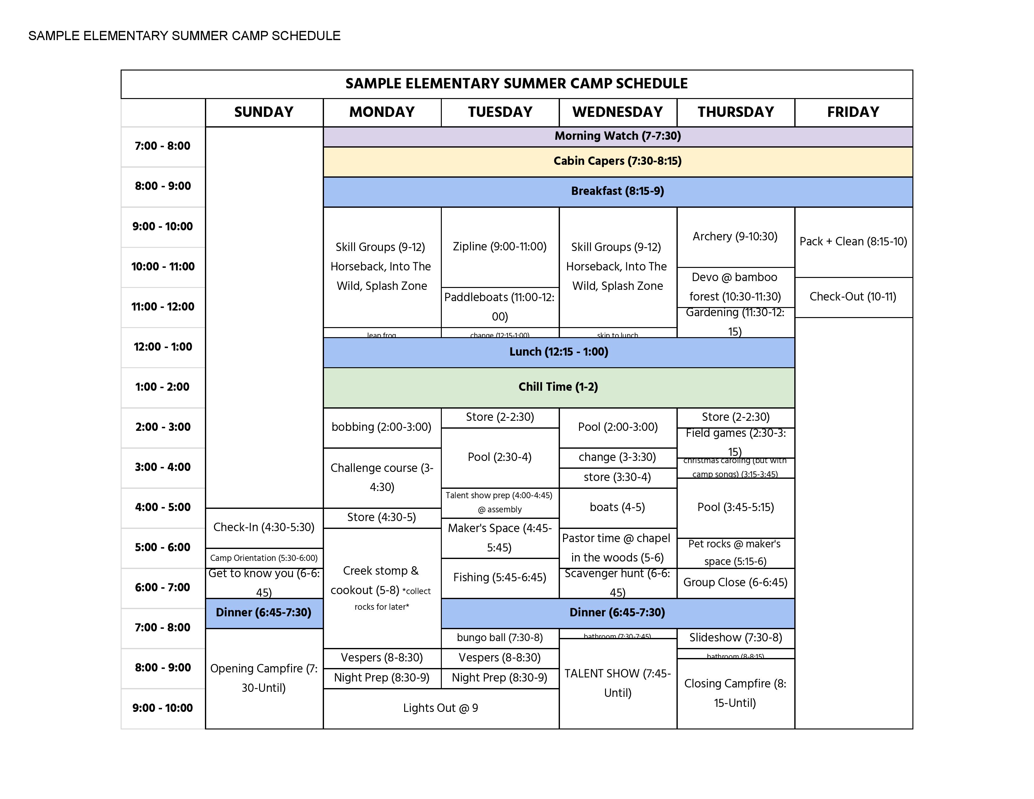 SAMPLE ELEMENTARY SUMMER CAMP SCHEDULE Sheet1 page 001